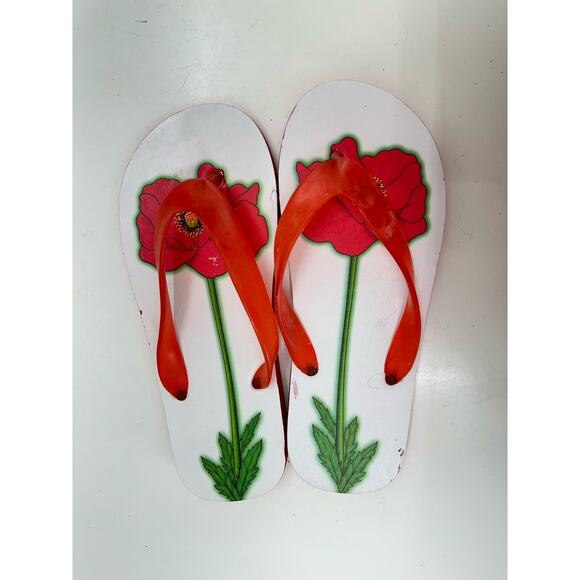 Unbranded Womens Flip Flops Size Unknown Red White Floral Thong Slip On - Picture 1 of 9